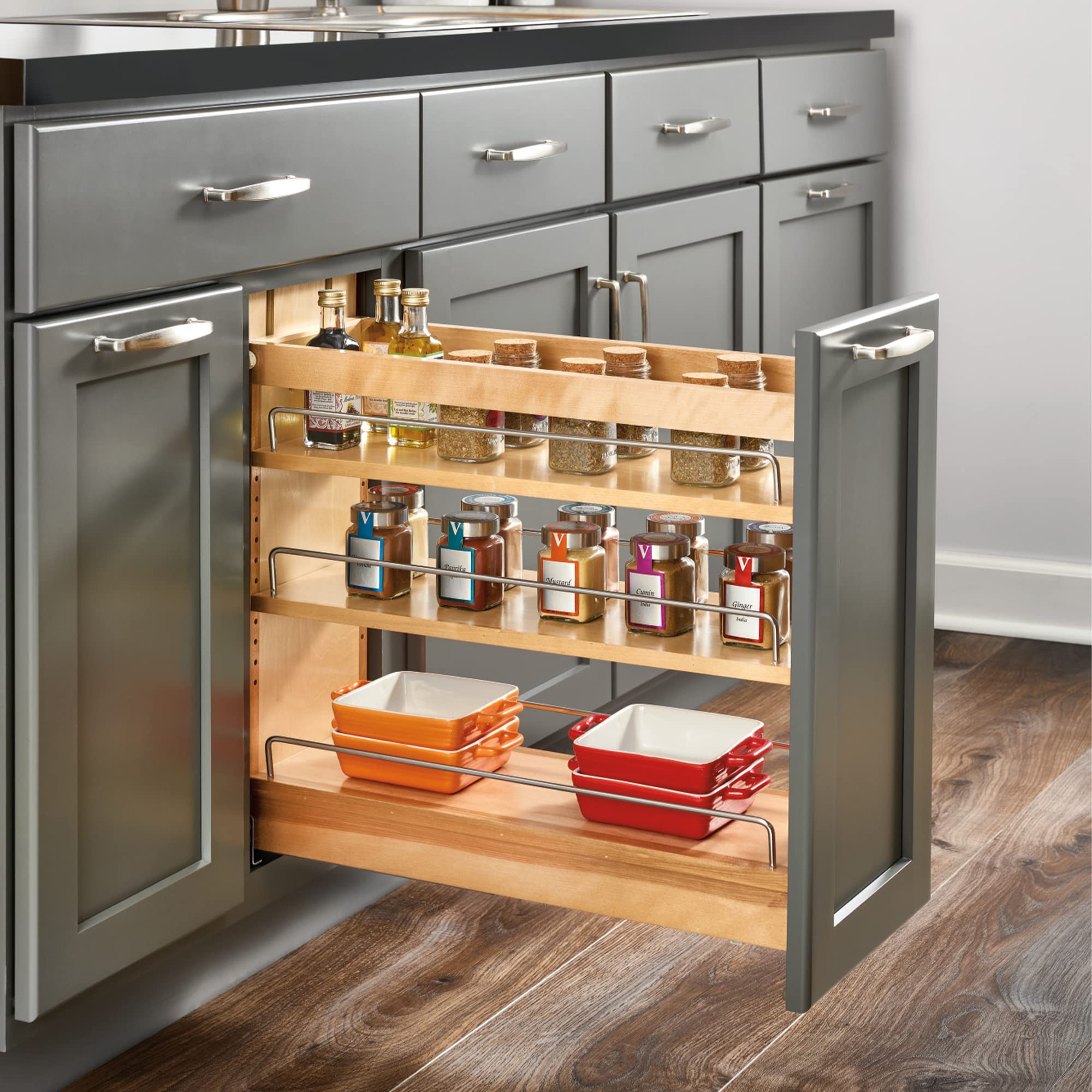 Rev-A-Shelf 11" Pullout Storage Organizer for Base Kitchen/Bathroom Cabinets, Spice Rack/Pantry Shelves with Soft-Close Slides, Wood, 448-BDDSC-11C - Image 3