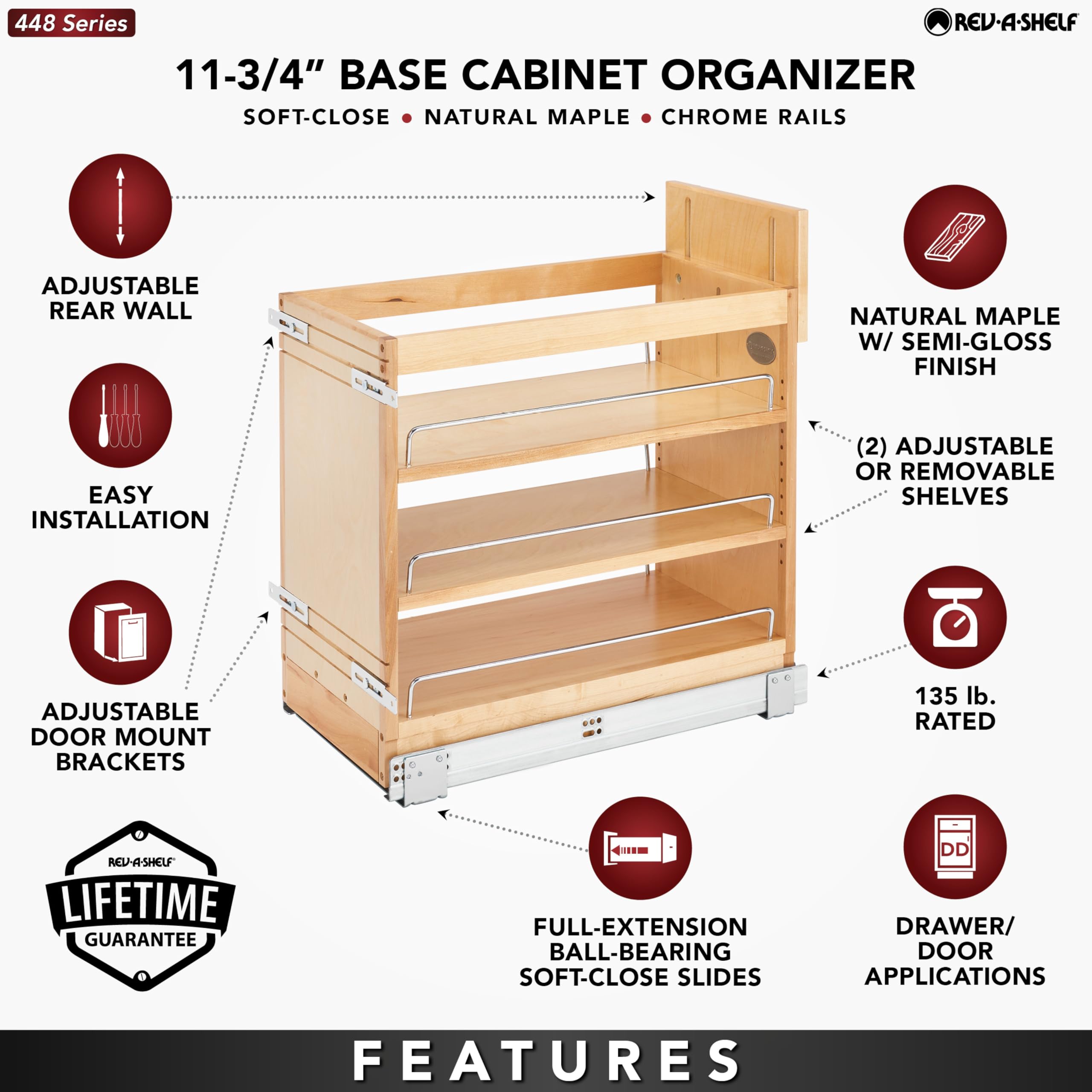Rev-A-Shelf 11" Pullout Storage Organizer for Base Kitchen/Bathroom Cabinets, Spice Rack/Pantry Shelves with Soft-Close Slides, Wood, 448-BDDSC-11C - Image 4