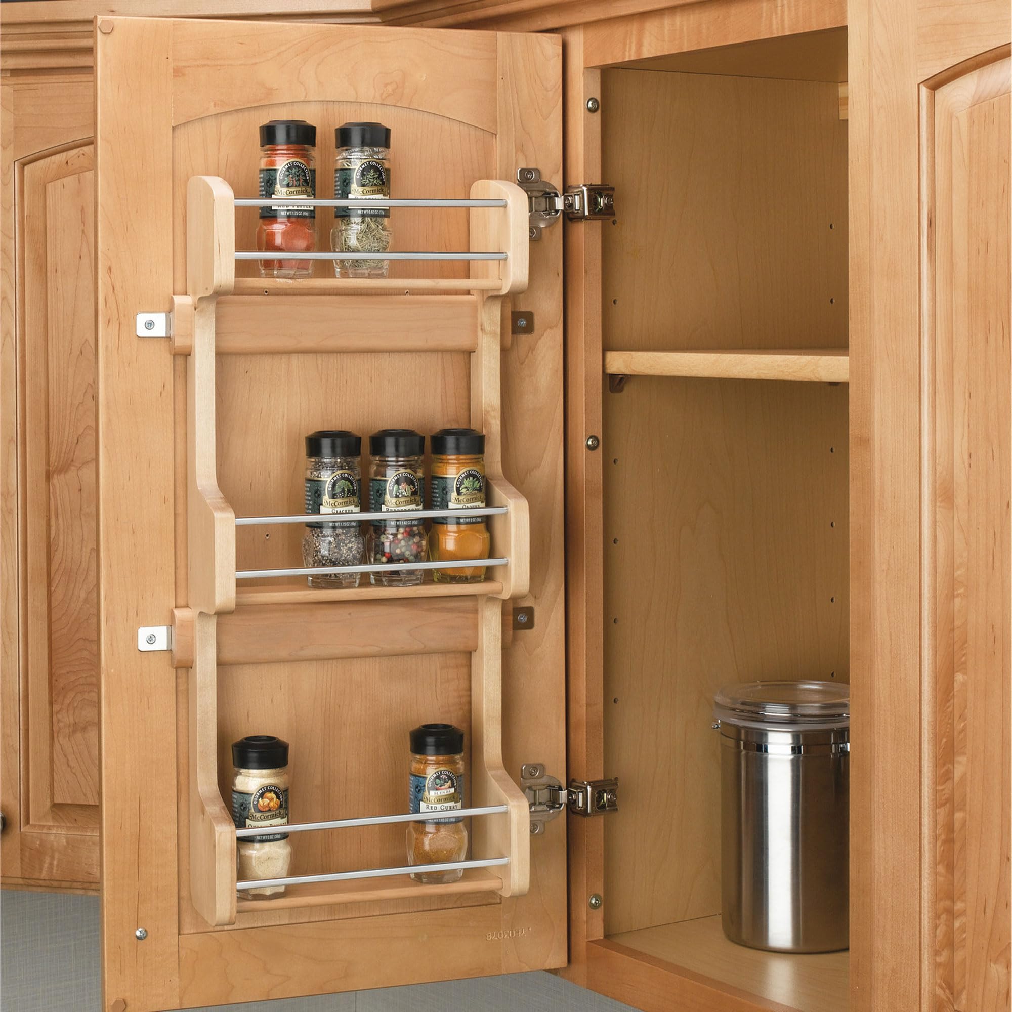 Rev-A-Shelf 15" 3 Tiered Pull Out Shelf Organizer for Kitchen Cabinets, Pantry Storage Spice Seasoning Rack, Door/Wall Mounted, Maple Wood, 4SR-15 - Image 3