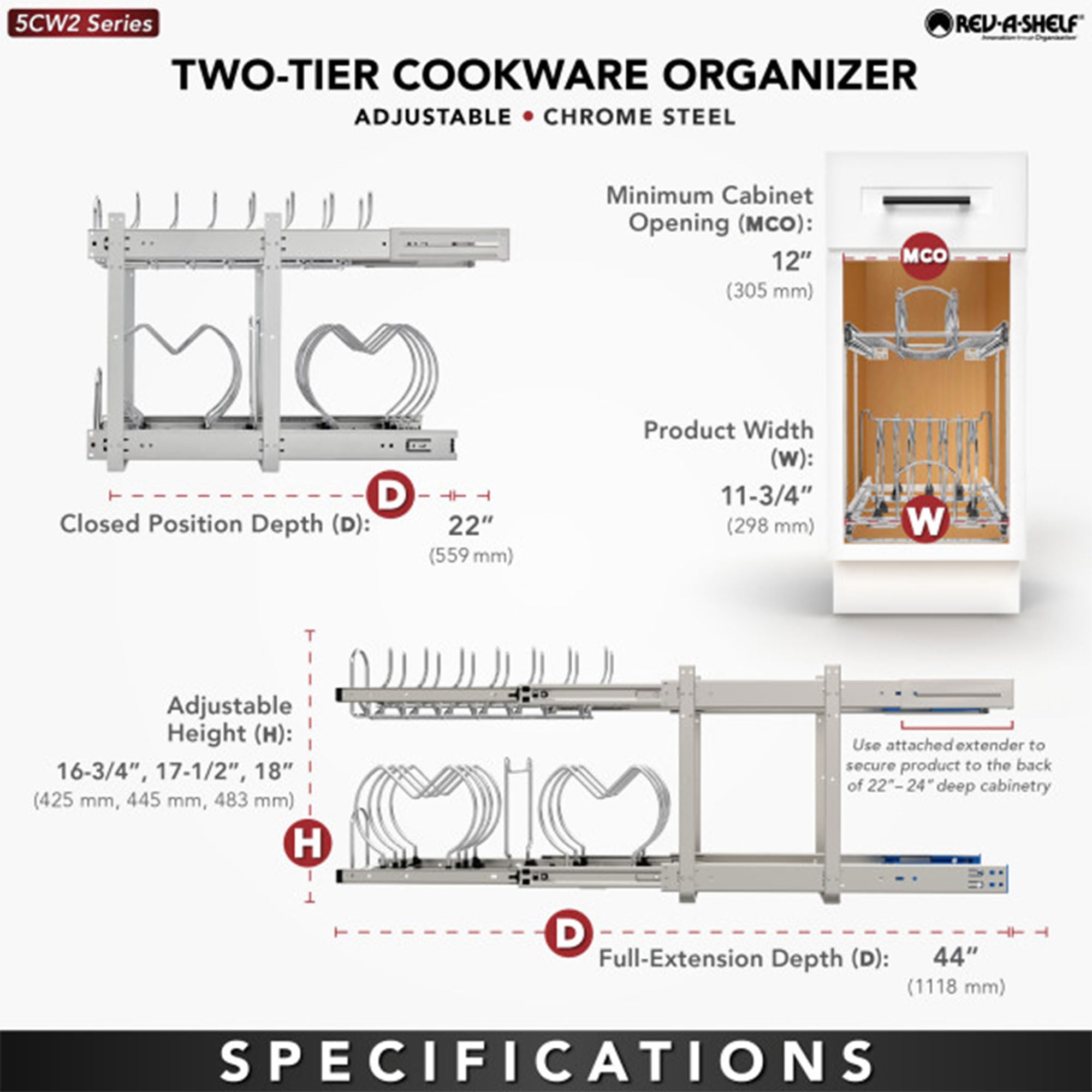 Rev-A-Shelf 2-Tier Kitchen Cabinet Pullout 11.75" Cabinet Organizer for Pots, Pans, and Lid Cookware, Adjustable Heavy Duty Wire, Chrome, 5CW2-1222-CR - Image 4