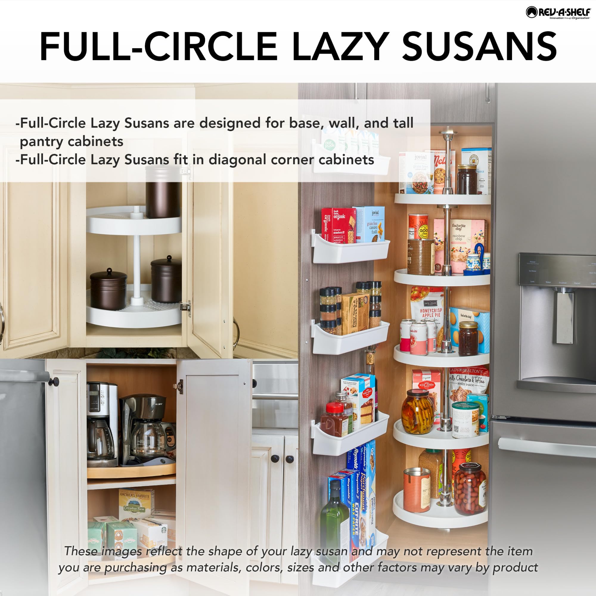Rev-A-Shelf 28" Dual Tier Full Circle Lazy Susan for Kitchen Cabinets, Plastic Height Adjustable Shelves Home Storage Turntable, White, 6072-28-11-52 - Image 4