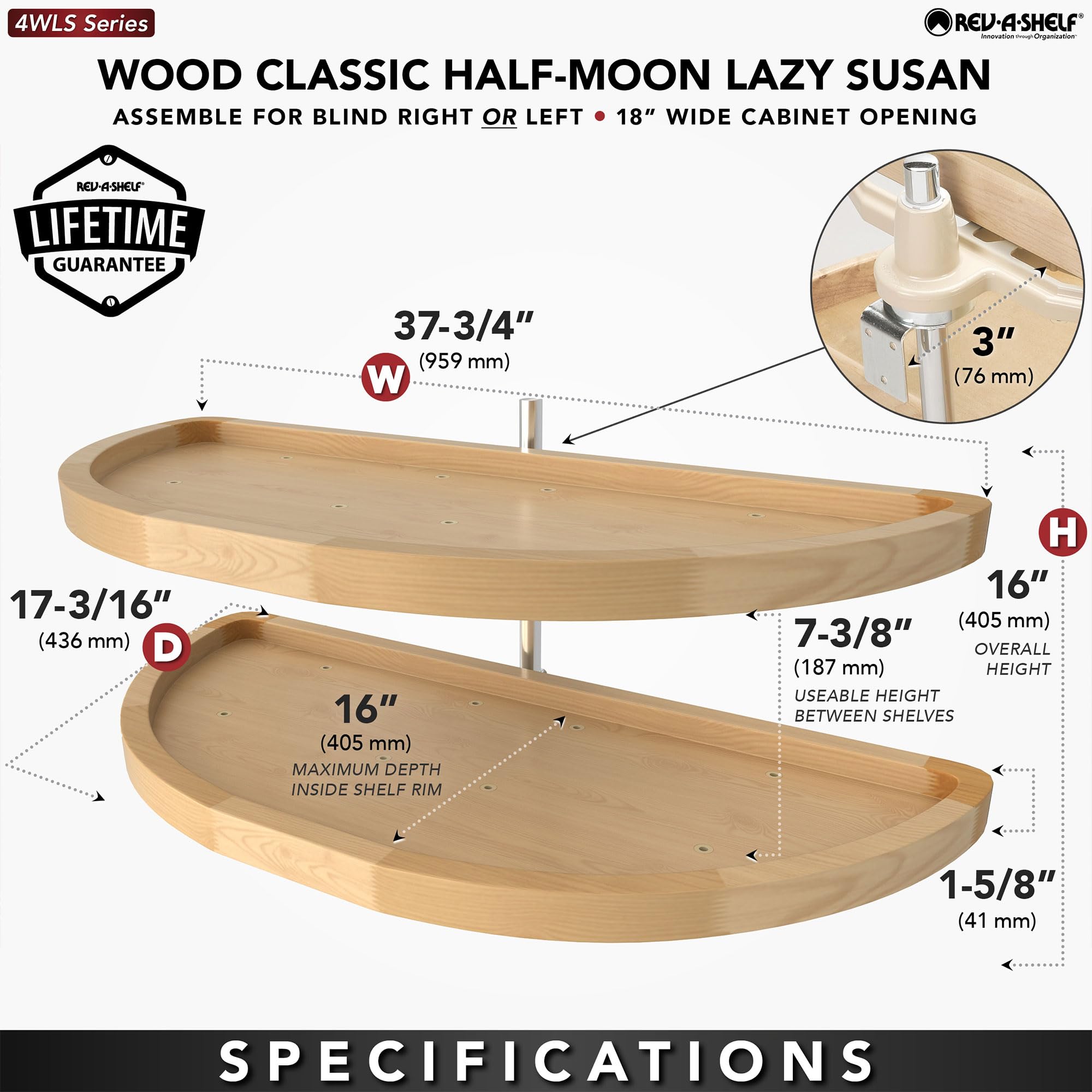 Rev-A-Shelf 38" Dual Shelf Half Moon Lazy Susan Organizer for Blind Corner Kitchen Cabinets, Pull Out Turntable Storage Trays, Wood, 4WLS882-38-570 - Image 3
