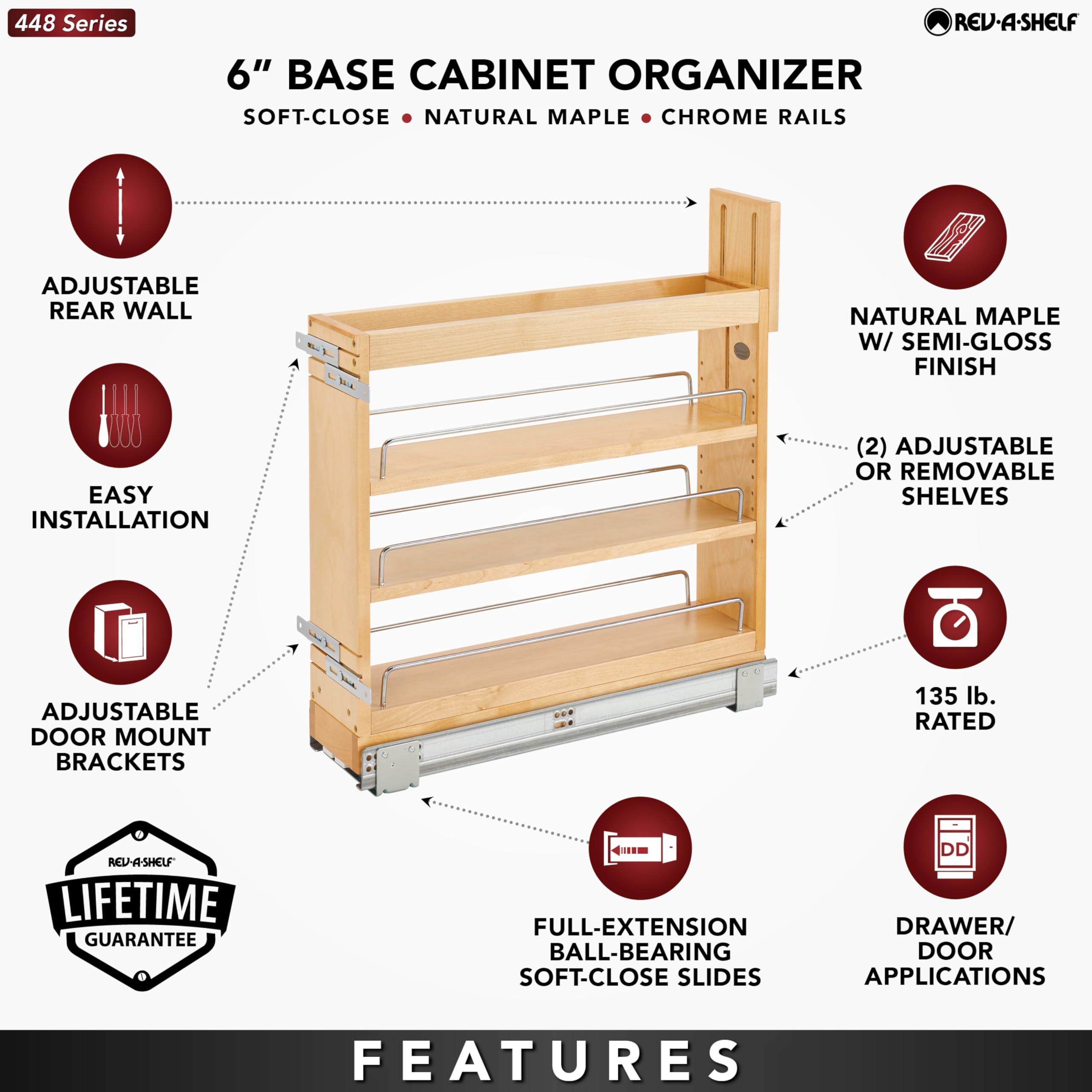 Rev-A-Shelf 5" Pullout Storage Organizer for Base Kitchen/Bathroom Cabinets, Spice Rack/Pantry Shelves with Soft-Close Slides, Wood, 448-BDDSC-5C - Image 4