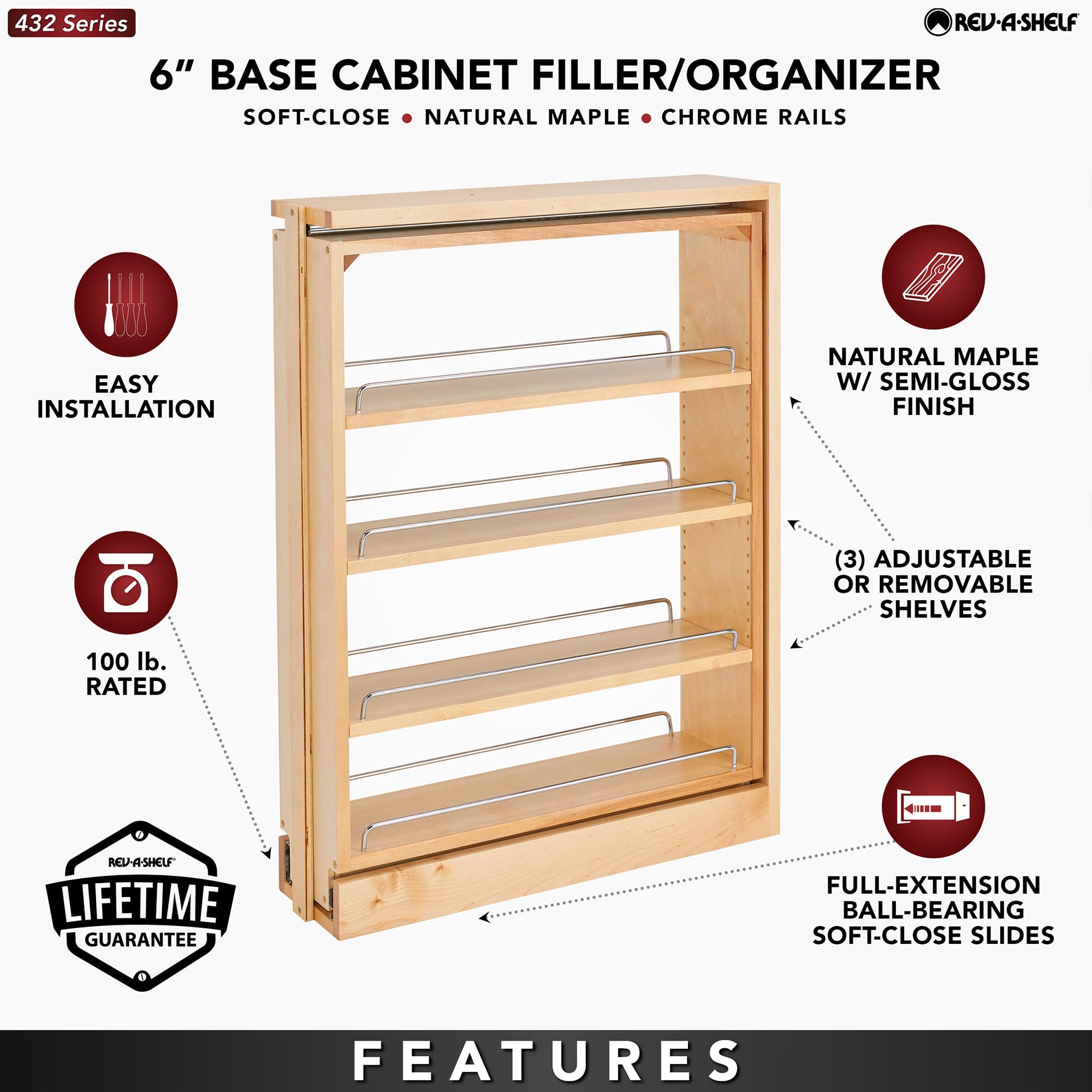Rev-A-Shelf 6" Pull Out Shelf Organizer for Base Kitchen Cabinets, Filler Spice Rack Seasoning Storage Holder w/Soft-Close, Wood, 432-BFBBSC-6C - Image 6