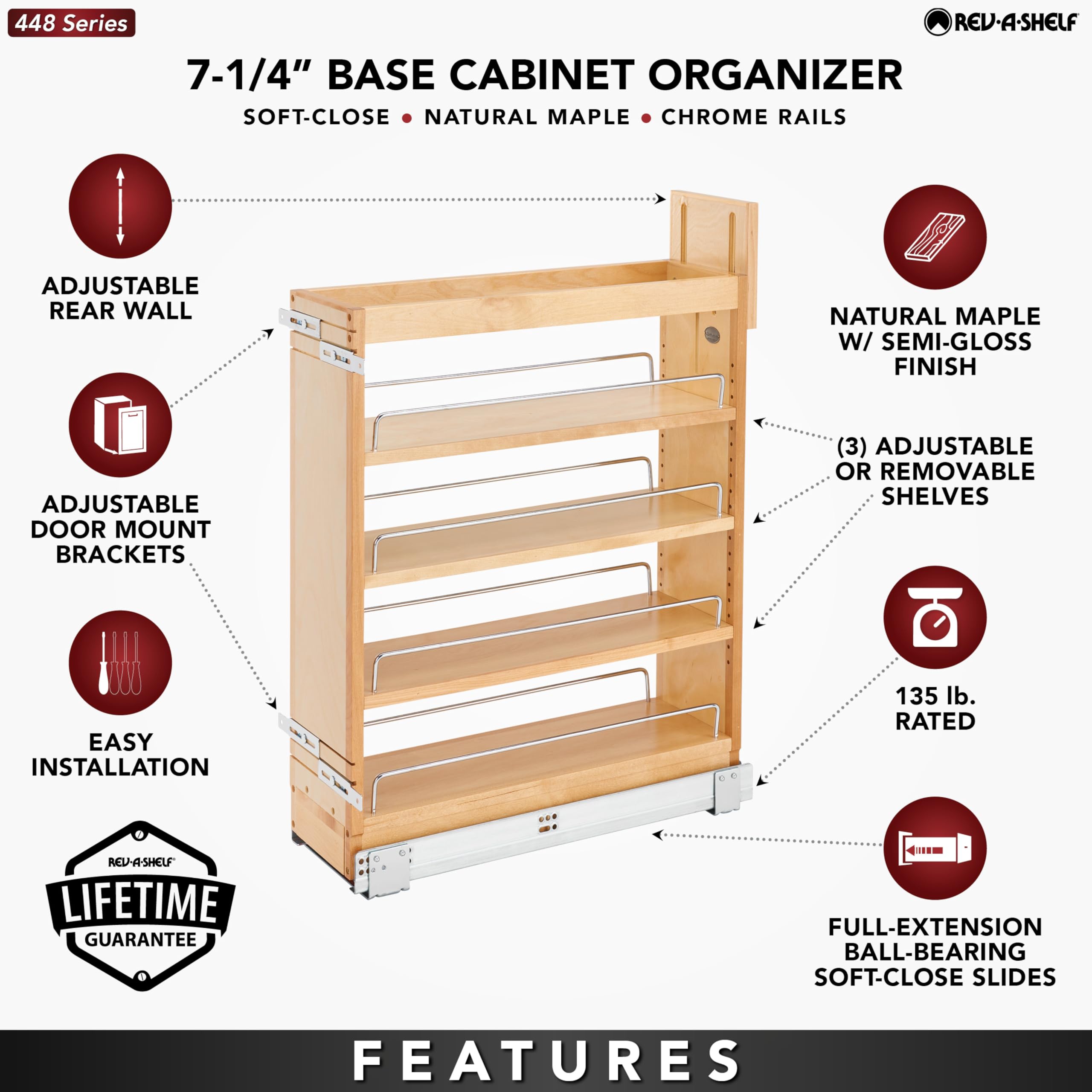 Rev-A-Shelf 7.25" Pullout Storage Organizer for Base Kitchen/Bathroom Cabinets w/Soft-Close Full Extension Slides & Adjustable Shelves, 448-BCSC-6C - Image 4