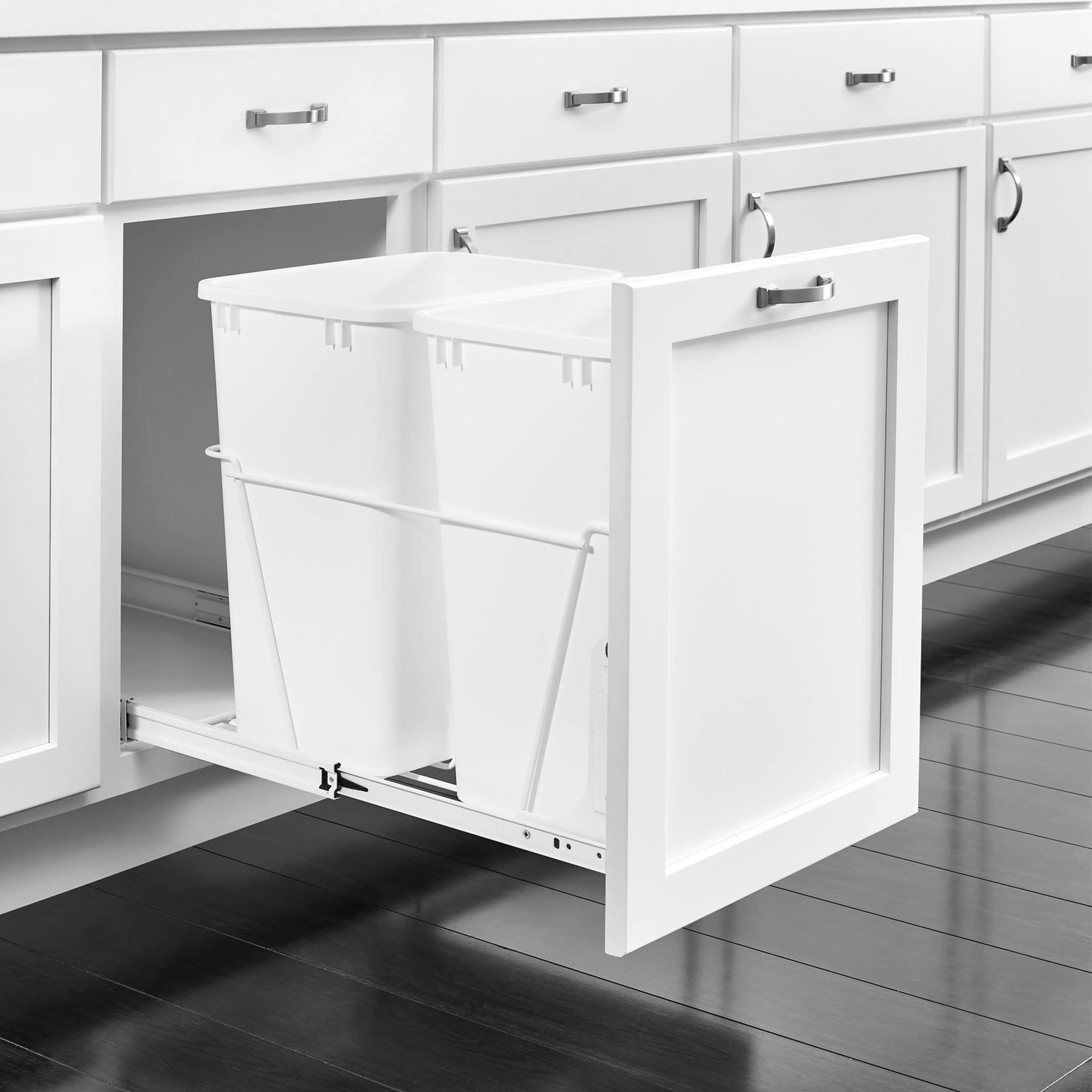 Rev-A-Shelf Double Pullout 35 Qt Sliding Waste Bin Trash Container for Base Kitchen Cabinet, Wire Frame with Ball Bearings, White, RV-18PB-2 S - Image 5