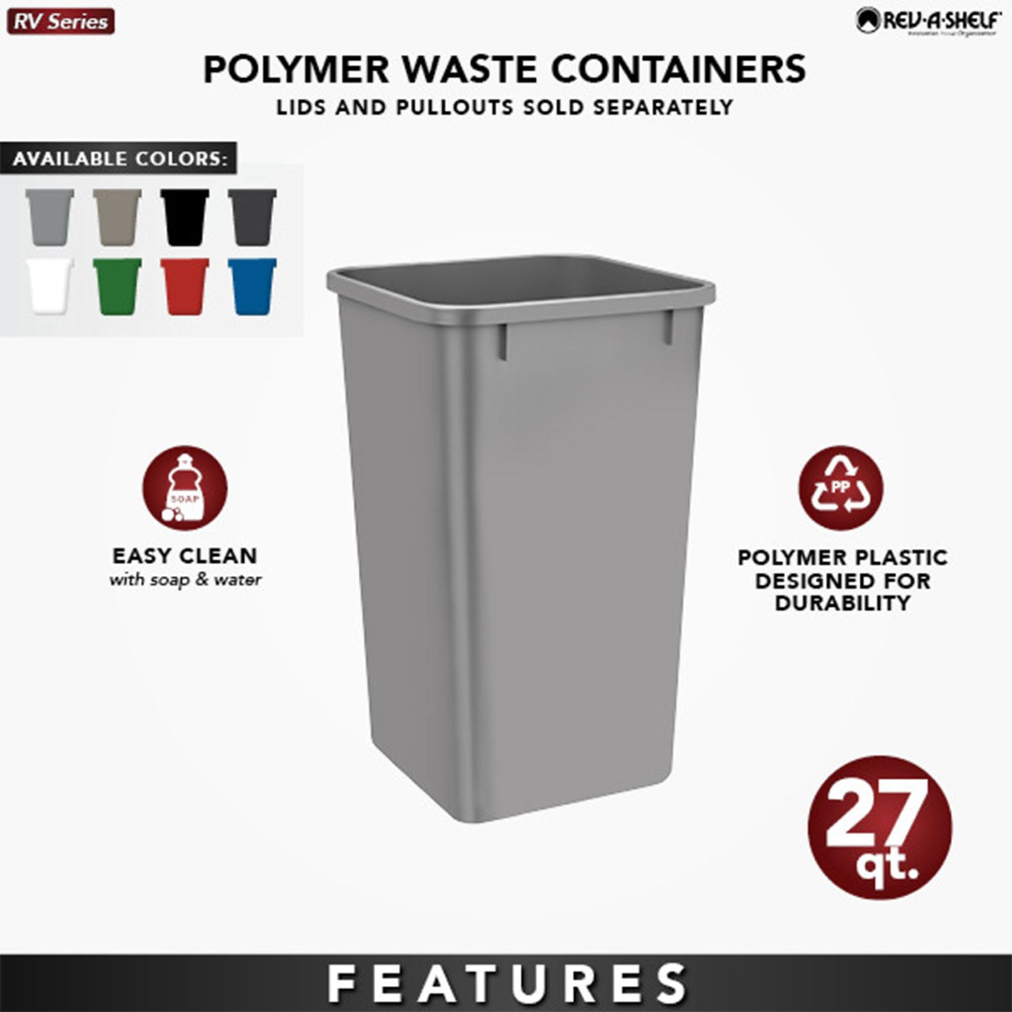 Rev-A-Shelf Polymer Replacement 27 Quart Trash Bin Can Recycle Waste Garbage Container for Kitchen Cabinet Pullouts, White, 2 Pack, RV-1024-11-2 - Image 5