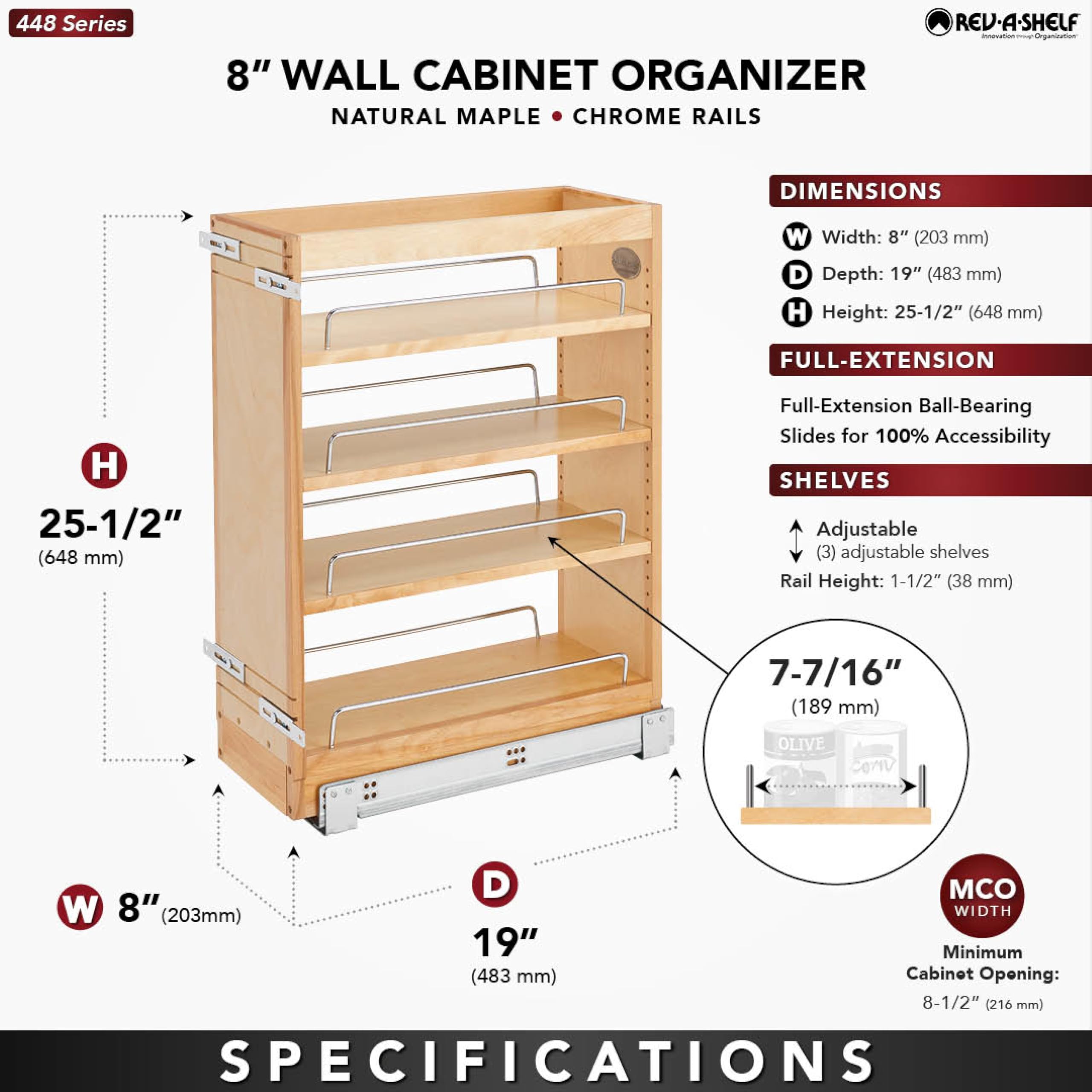 Rev-A-Shelf Pullout Base Cabinet Organizer, Adjustable Shelves for Full Height Kitchen or Vanity Cabinets, Maple Wood, 448-BC19-8C - Image 3