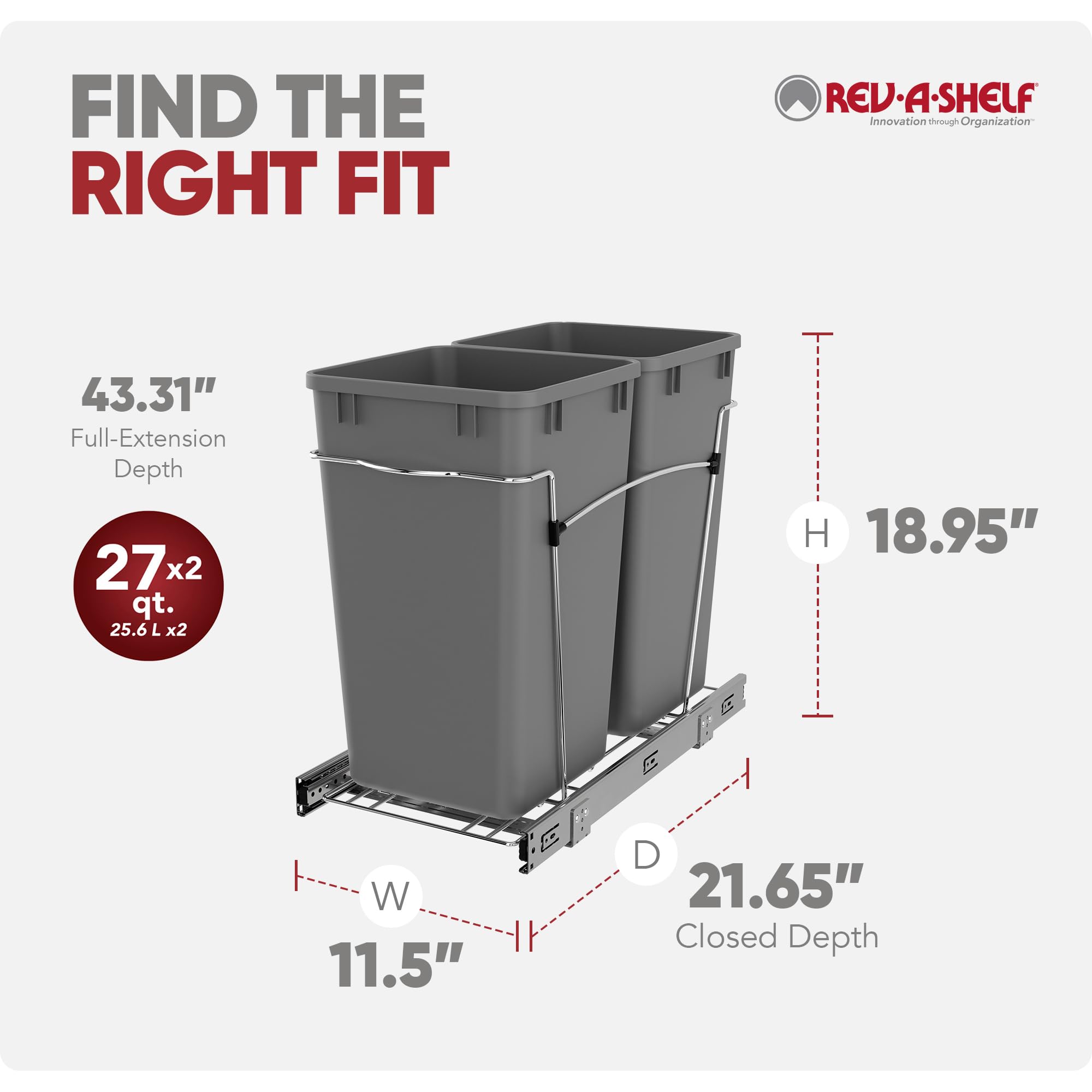 Rev-A-Shelf - RV-15KD-17C S - Double 27 Qt. Pull-Out Silver and Chrome Waste Container - Image 3