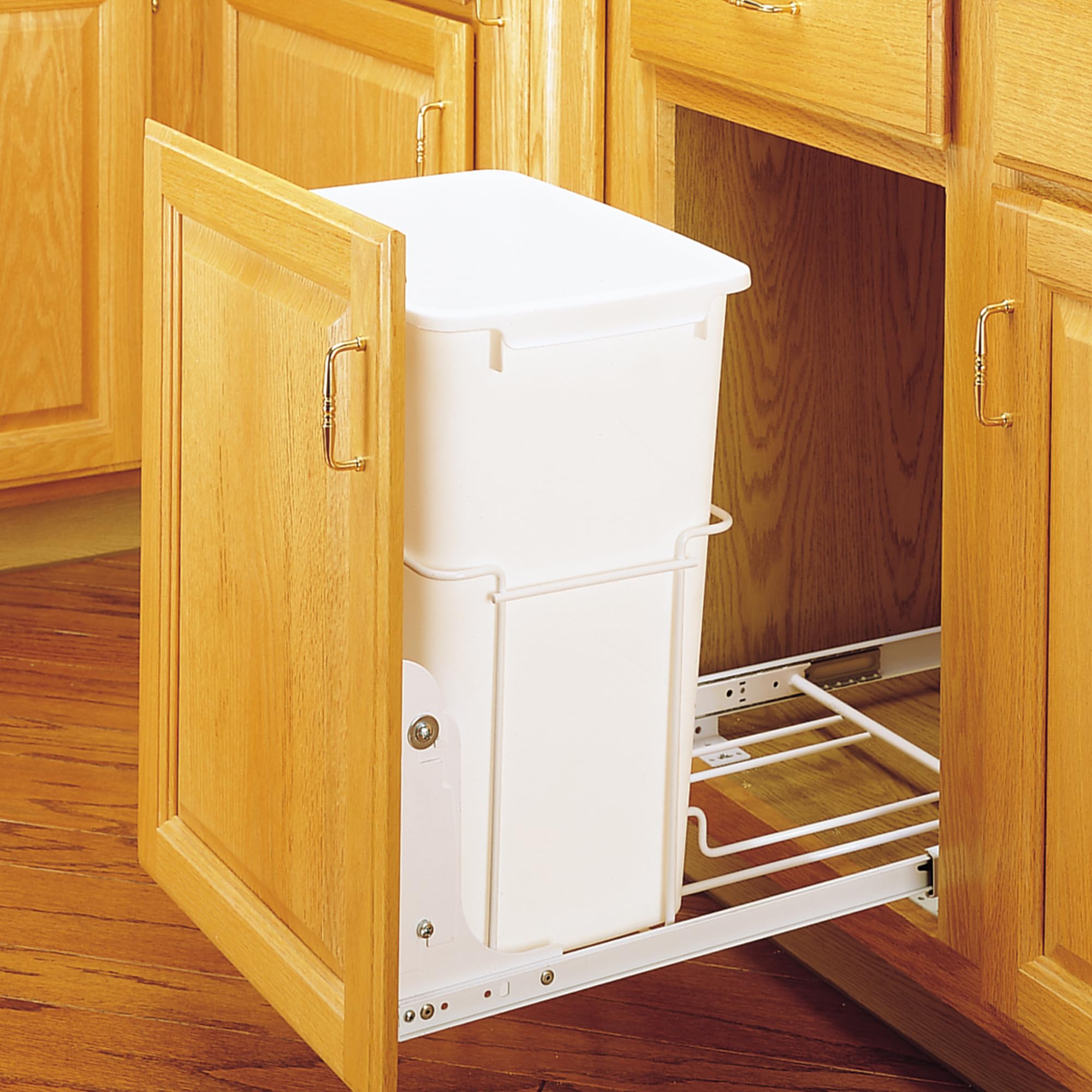 Rev-A-Shelf Single Pull Out 35 Qt Sliding Waste Bin Trash Container for Base Kitchen Cabinet, Wire Frame w/Ball Bearings, White, RV-18PB-1 - Image 3