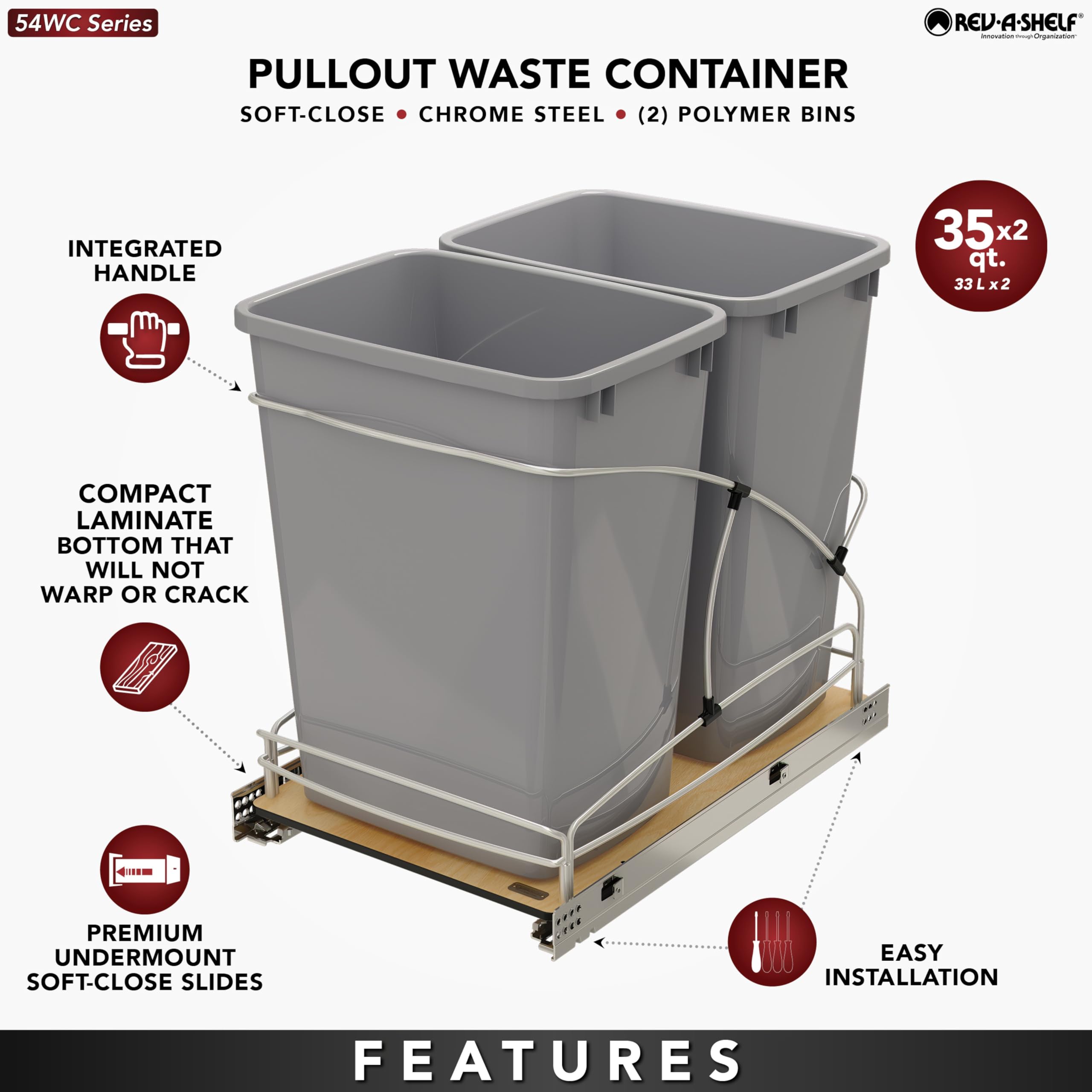 Rev-A-Shelf Steel Bottom Mount Double 35 Quart 8.75 Gallon Waste Bin Trash Container for Under Kitchen Cabinet with Soft Close, Gray, 54WC-1835SC-17-1 - Image 3
