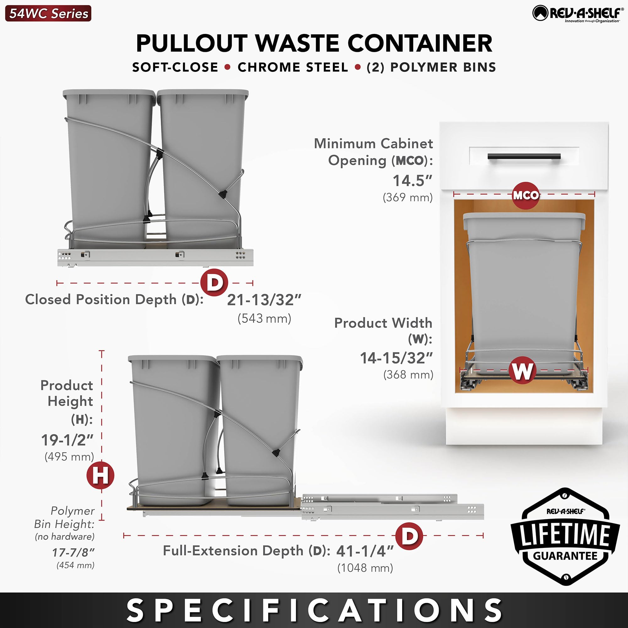 Rev-A-Shelf Steel Bottom Mount Double 35 Quart 8.75 Gallon Waste Bin Trash Container for Under Kitchen Cabinet with Soft Close, Gray, 54WC-1835SC-17-1 - Image 4